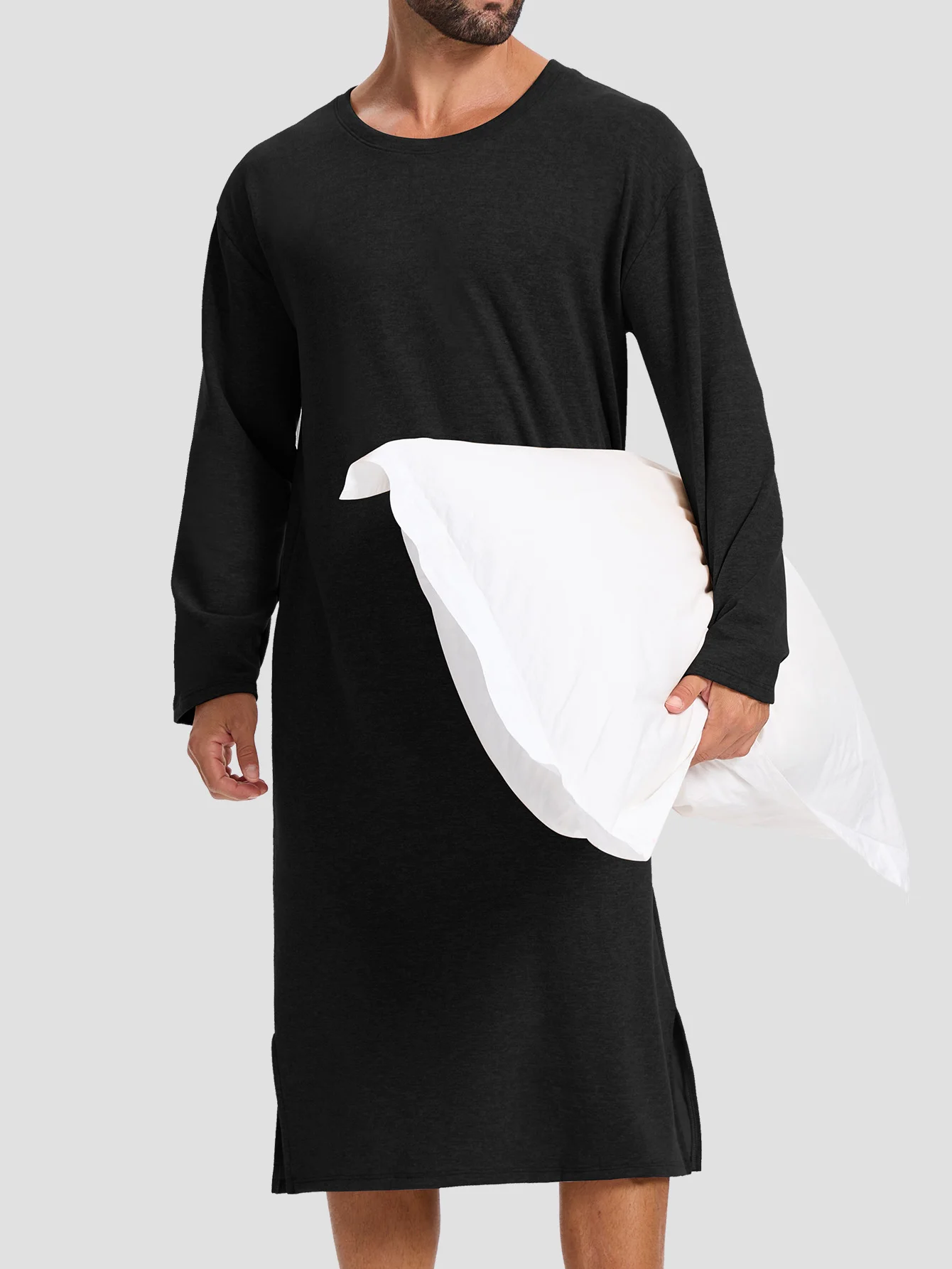 

Men's autumn and winter long-sleeved one-piece nightgown, knee-length bathrobe, long nightgown, home wear, wool and silk pajamas