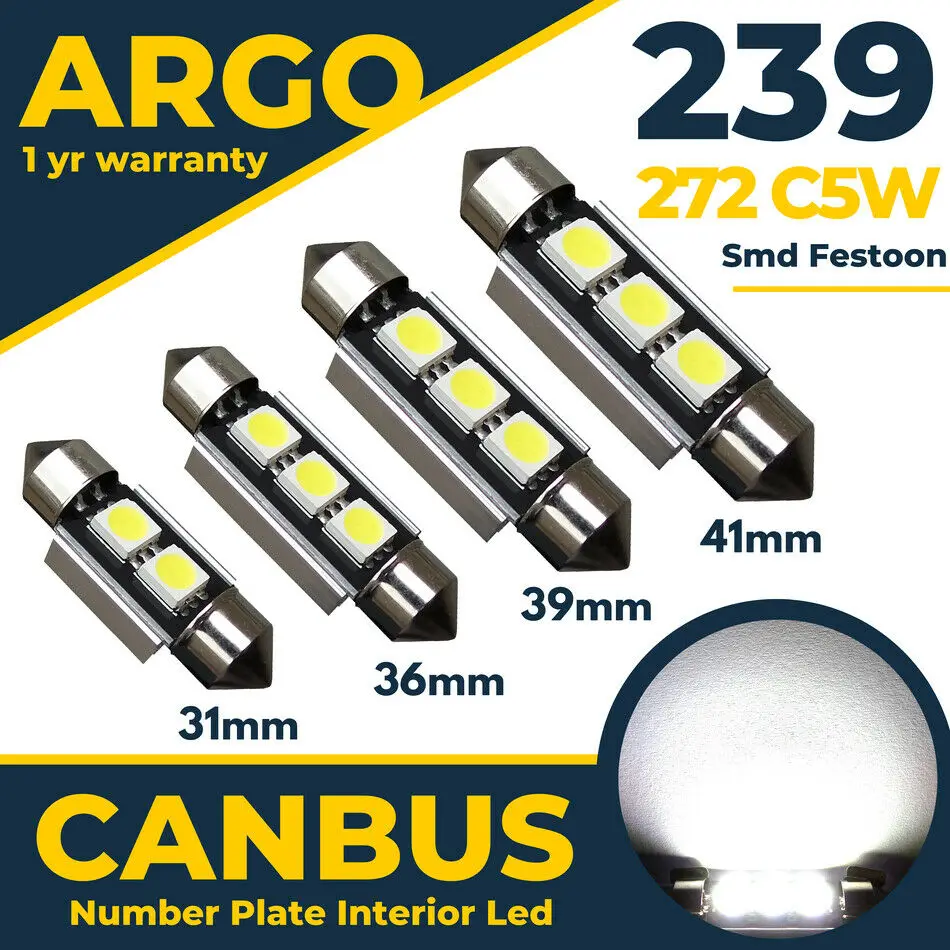 2x 239 272 Led Car C5W White Number Plate Festoon Smd Light Bulbs 31 36 39 41mm 12v