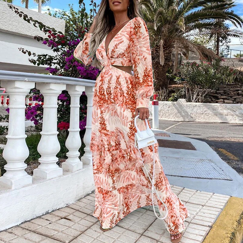 Spring Sexy Hollow V Neck Buttons Bohemian Dress Women Elegant Printed High Waist Long Dress Autumn Flare Long Sleeve Maxi Dress