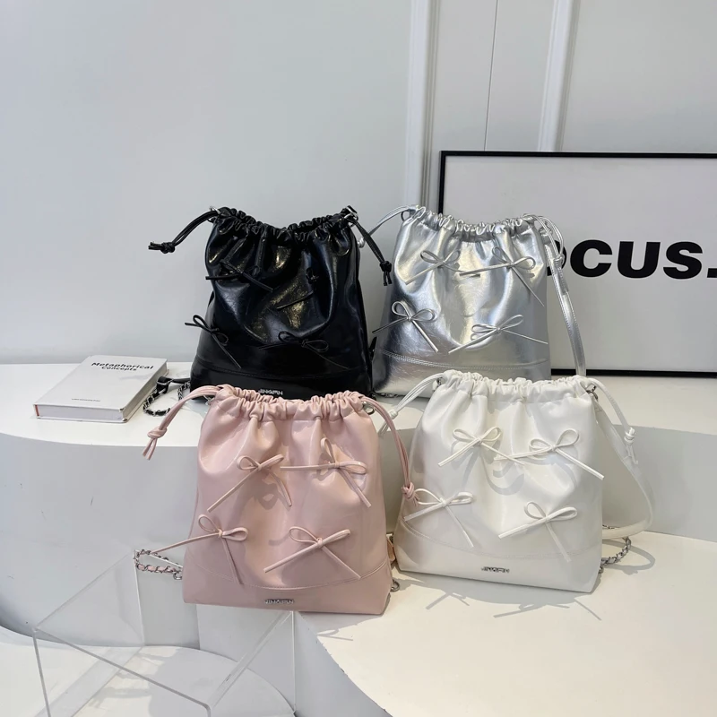 Bow Design Pu Leather Small Korean Fashion Women Handbags and Purses 2024 Y2K Female Silver Chain Crossbody Bags Shoulder Bags