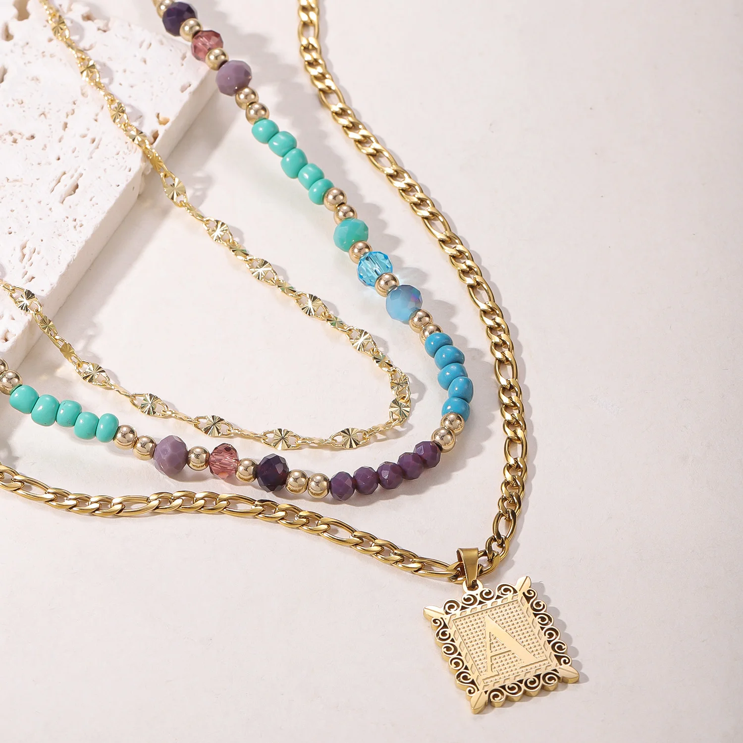 

Custom Letter Necklace Blue Bead Chain Multi Layer Stackable Gold Chain Stainless Steel 2025 Necklace for women Girls Gift