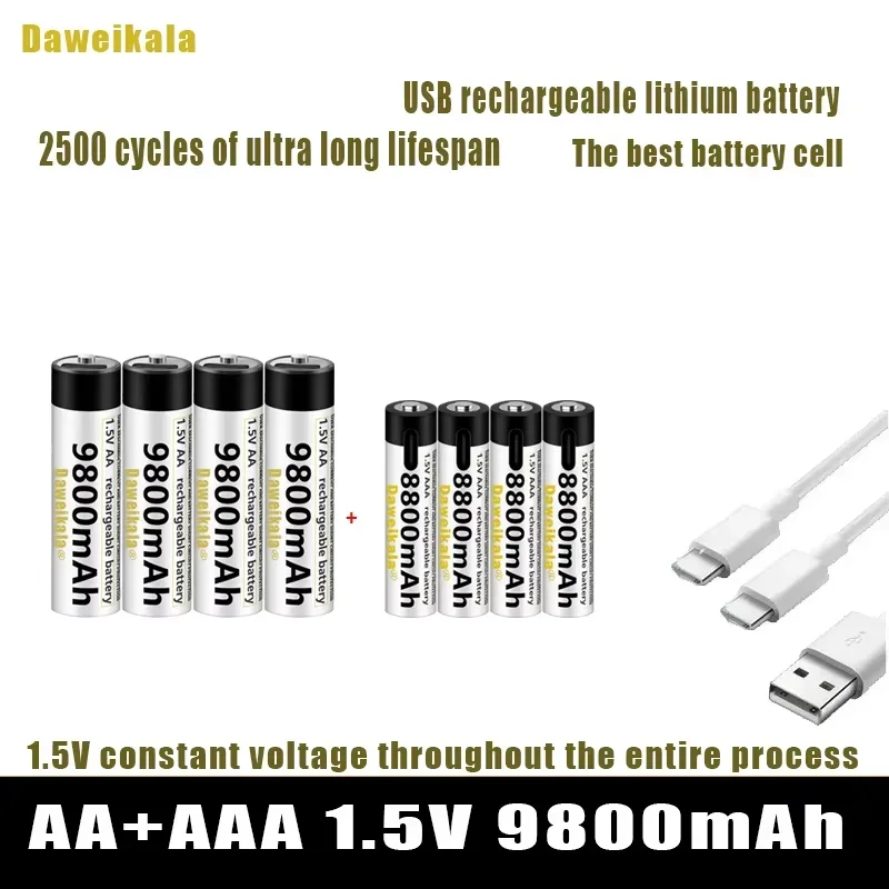 Pilas recargables USB AA + AAA de 1,5 V, pilas AA de 9800mAh/AAA de iones de litio de 8800mAh para juguetes, reloj, reproductor de MP3, termómetro y Cable