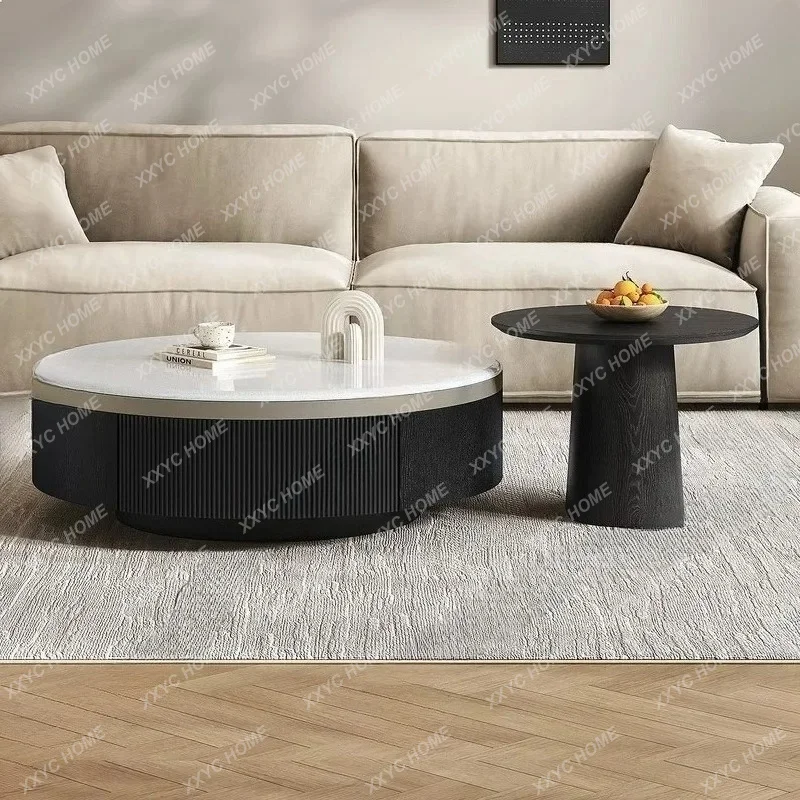 XX Light Luxury Marble Round Coffee Table Set with Large Storage for Living Room