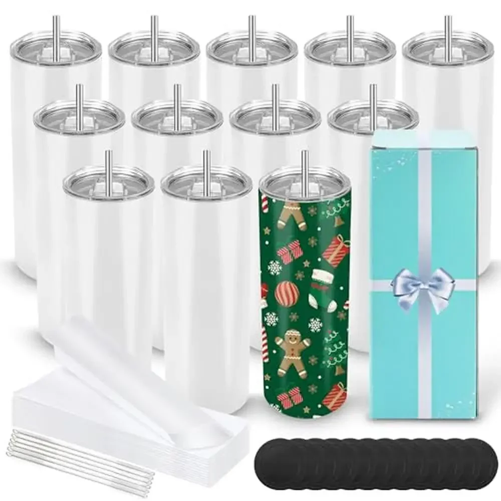

Sublimation Tumblers 20 oz Bulk 12 Pack Skinny Flat Bottom Cups with Gift Box Straw & Brush Heat Transfer Blank Tumbler Set DIY