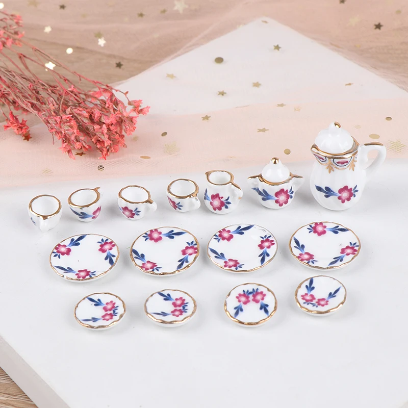 15-teiliges Set 1:12 Miniatur-Porzellan-Geschirr für Puppenhäuser, Teetassen, Teekanne, Teller, Puppenhaus-Küchenmöbel, Spielzeug