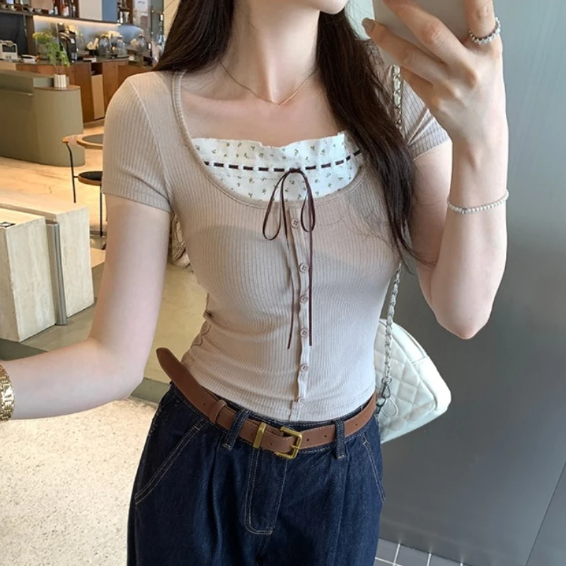 

Summer Knitted Patchwork Women's Bow T-shirts 2025 New Short Sleeve Buttons Square Collar Korean Short Shirts Slim Tops Female