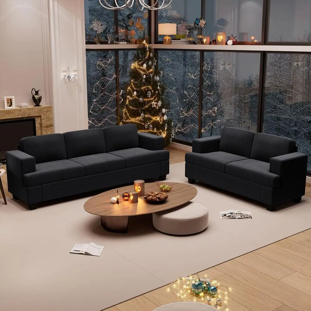 

Черный вельветовый комплект для гостиной из двух предметов: диван с глубоким сиденьем и диван-облако для максимального комфорта