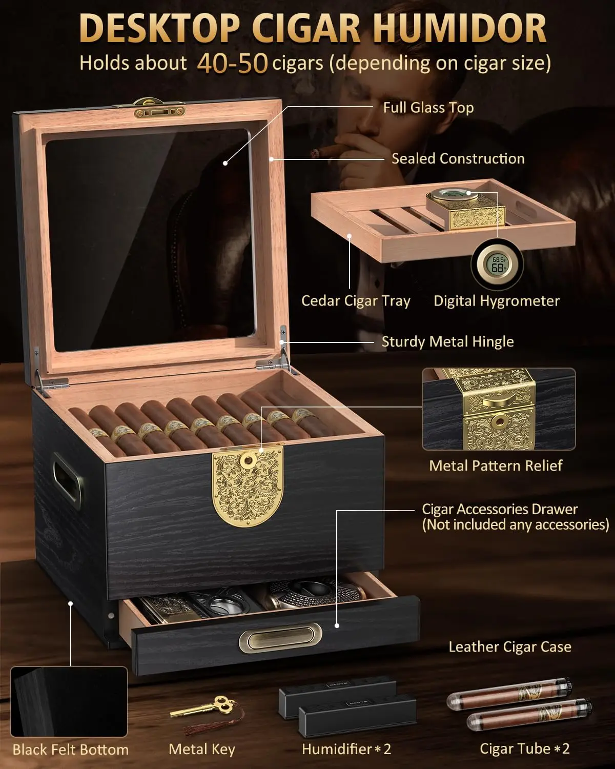 Premium cederhouten humidor met glazen deksel, digitale hygrometer, lederen etui, tube en accessoireslade - Zwarte cadeauset