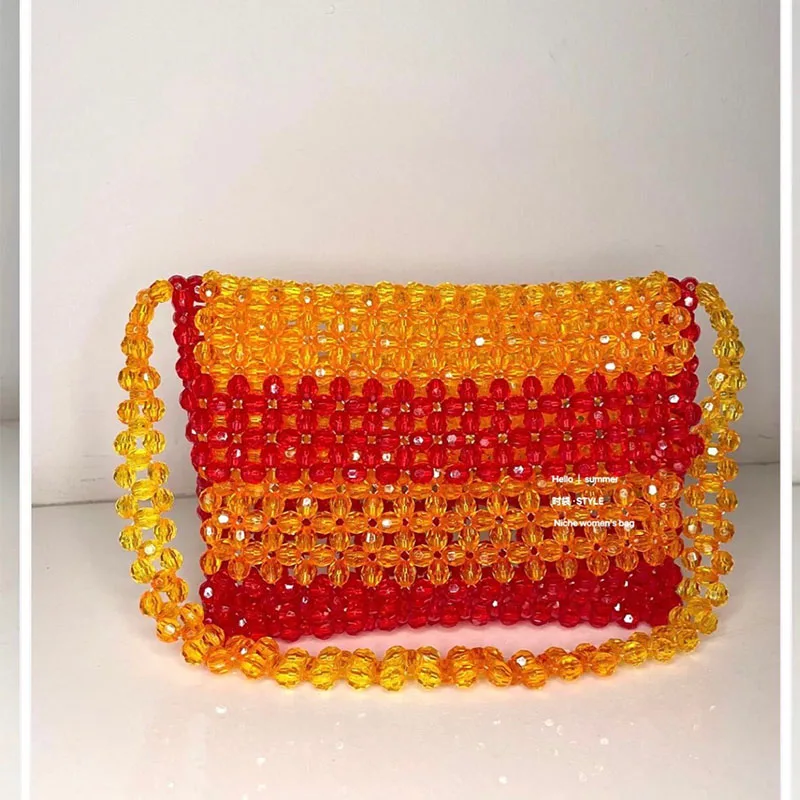 Fashion Red Orange Splice Handwoven Crystal Bag Retro Contrast Beaded Women's Shoulder Bags Customization Handbags for Women