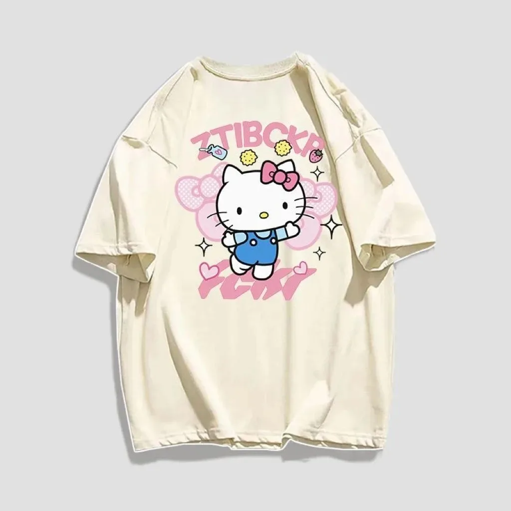 Caricature Styles Fashion Shirts Print Short Sleeve T-Shirts Women Clothing Hello Kitty T shirt For Women Tops Woman clothing