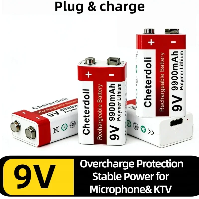 Aleaivy 9V 9900mAh Li-ion Battery – USB Port Rechargeable with Overcharge Protection Stable Power for Microphone/KTV (1-10 Pcs)