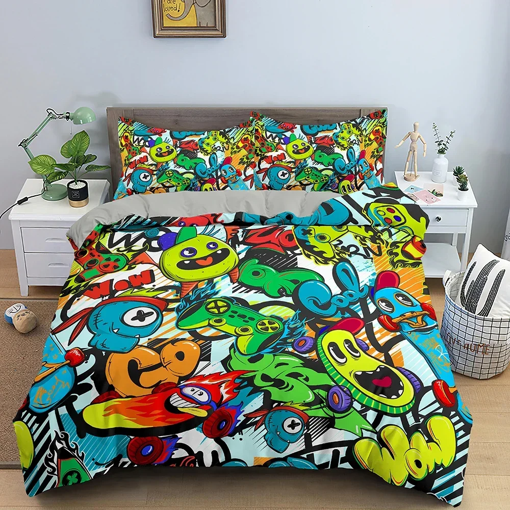 

Cartoon Pattern Graffiti Comfortable Duvet Quilt Cover Pillowcase Bedding Set Children Bedroom Decoration Home Textile