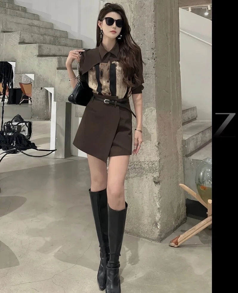 Women Dress Sets Turn Down Collar Single Breasted Blouses Skirts Two Pieces Sexy Wrap Buttocks Patchwork Belt High Street