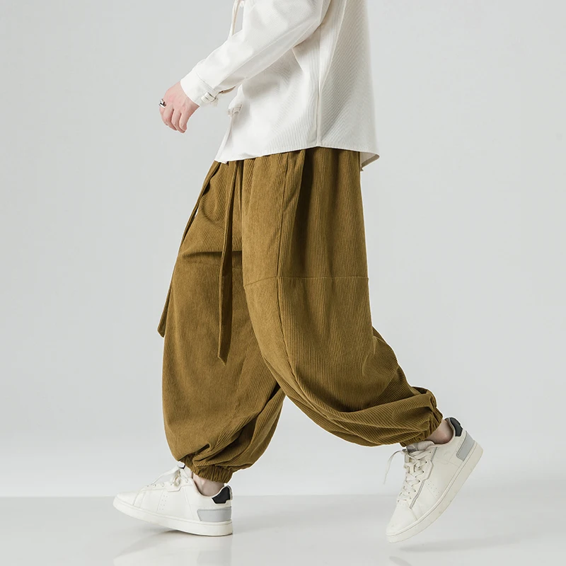 

Autumn Men's Corduroy Pants Loose Casual Wide Leg Trousers Streetwear Harem Pants Men Solid Elastic Waist Hip Hop Jogger Pants