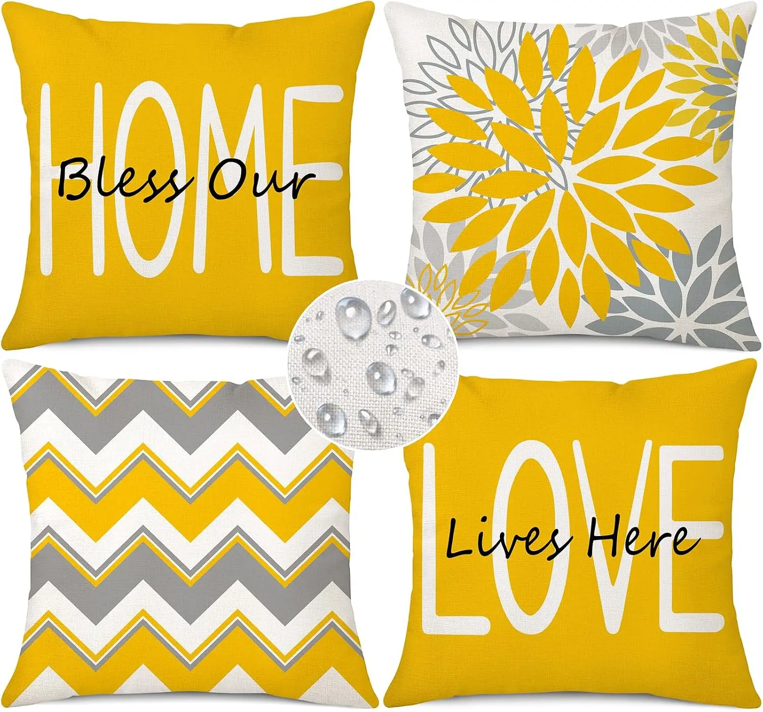 Double Sided Yellow Outdoor Waterproof Pillow Covers Set Of 4, Floral Geometric Bless Our Home Love Lives Here Cushion Cases