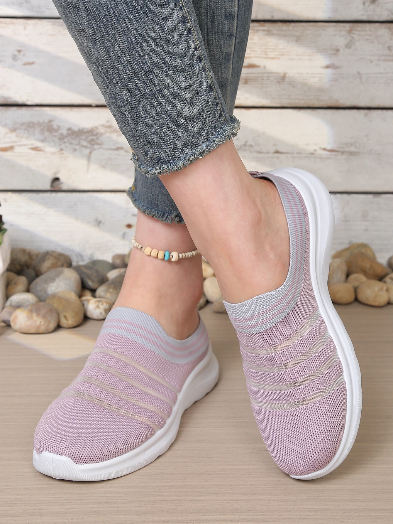 Women's Summer Sneakers Striped Knit Breathable Slip-on Casual Shoes for Walking Free Shipping