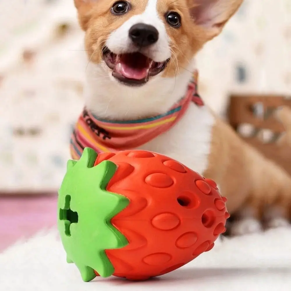 

Strawberry Shaped Dog Chew Toy Tooth Cleaning Bite Resistant Dog Food Leaking Ball Rubber Interactive Dog Grinding Teeth Toy