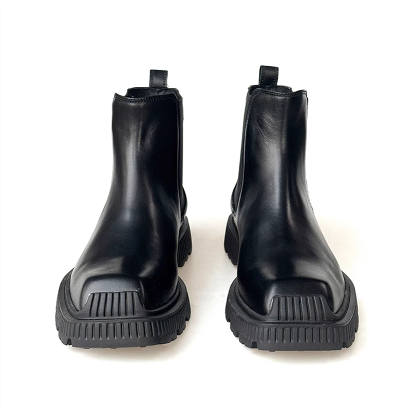 British Style Men Shoes Black Genuine Leather Chelsea Boots Square Toe Thick Sole Fashion Street Wear Ankle Boots