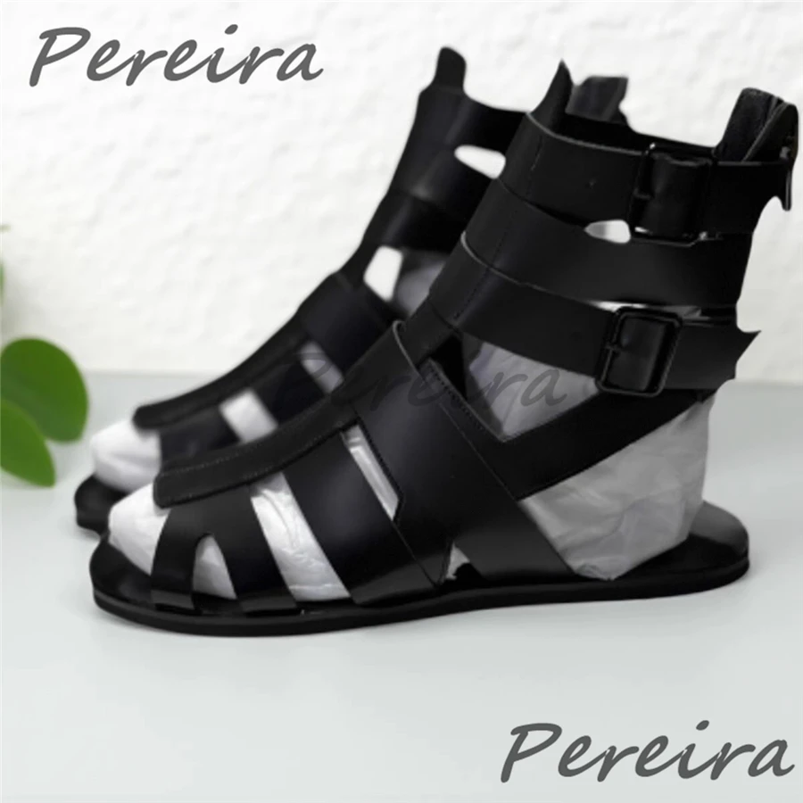 Summer New Men's Gladiator Sandals Black Open Toe Cross Belt Buckle Hollow Casual Flats Fashion Genuine Leather High Top Shoes