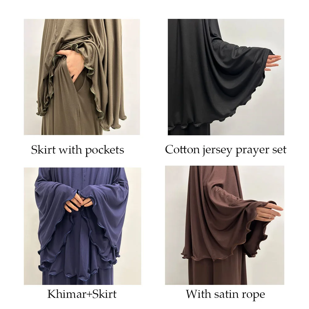 Gebetsset aus Baumwolljersey, dehnbar, EID, Ramadan, Islam, muslimische Frauen, Satinseil, Instant-Hijab, Khimar-Rock, Taschen, 2-teilig, Jilbab