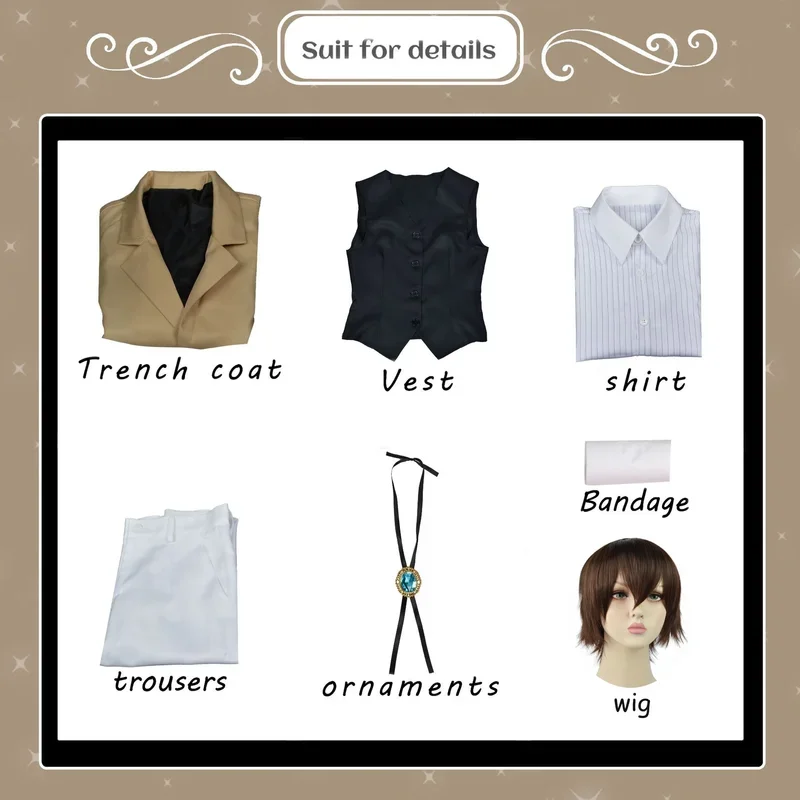 Disfraz de Osamu Dazai Bungo Stray Dogs, gabardina de color caqui para hombre y mujer, trajes de uniforme negro, accesorios de peluca Unisex