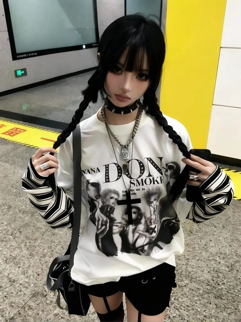 Y2k 100% Cotton Fake Two-piece Crew Neck Long Sleeve Tops Striped Patchwork Loose Graphic T Shirt Autumn Women Basic Shirt
