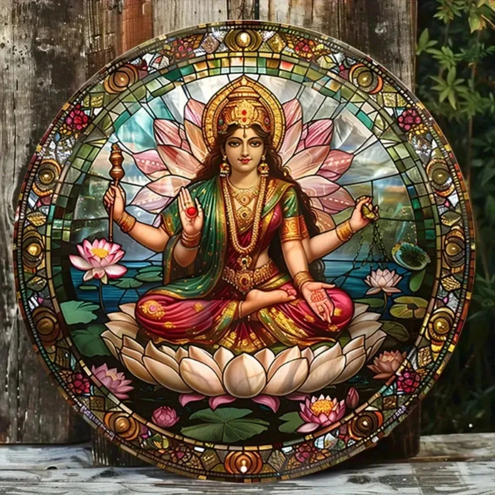 لوحة فنية جدارية من الألومنيوم عتيقة من Lakshmi - نمط زجاجي ملون، 7.8 × 7.8 بوصة، آلهة هندية على عرش اللوتس