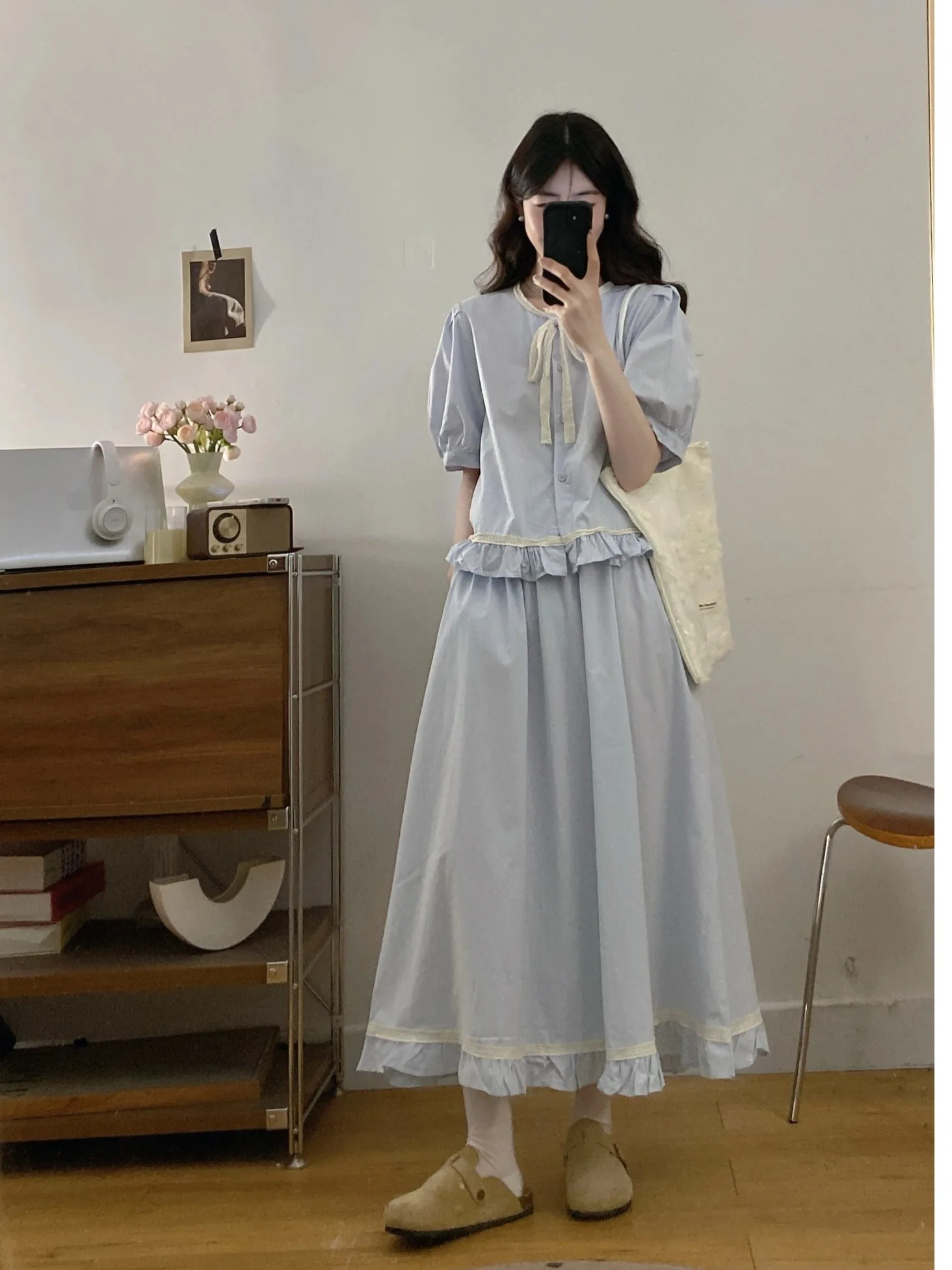 

plus Size Women's Blue Lace Trim Short Sleeve Shirt with High Waist Belted Skirt Summer New Style Korean Loose Fit Blouse
