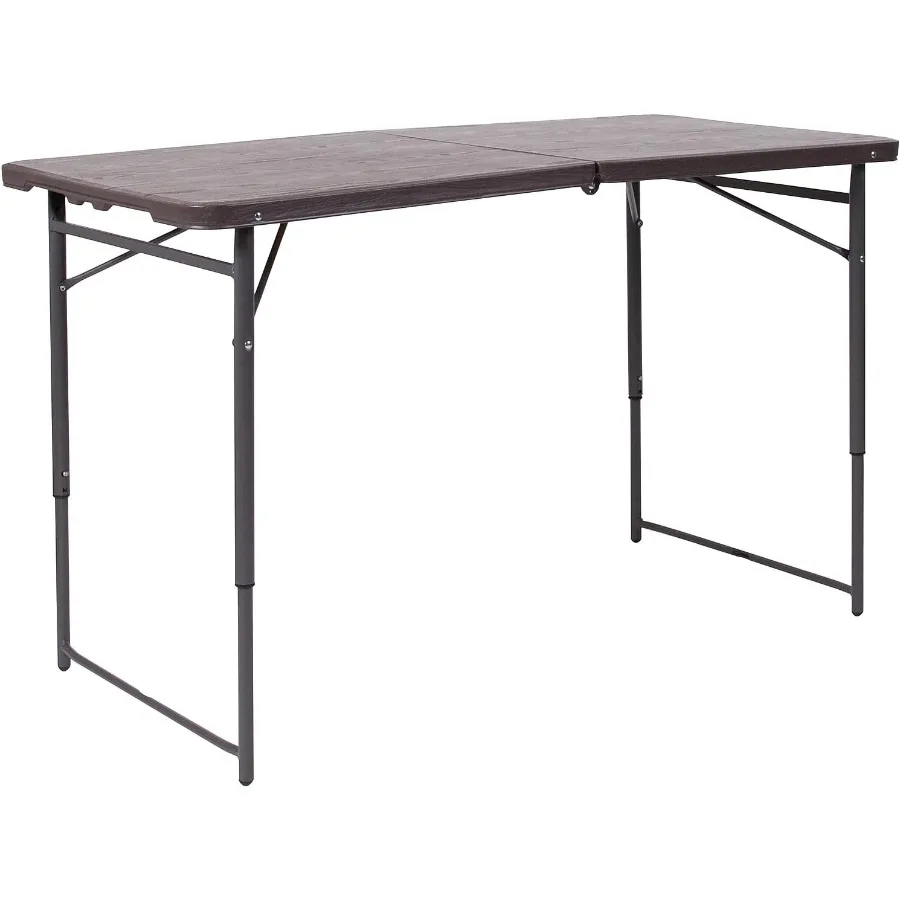 

Mills 4Foot Height Adjustable BiFold Brown Wood Grain Plastic Folding Table with Carrying Handle