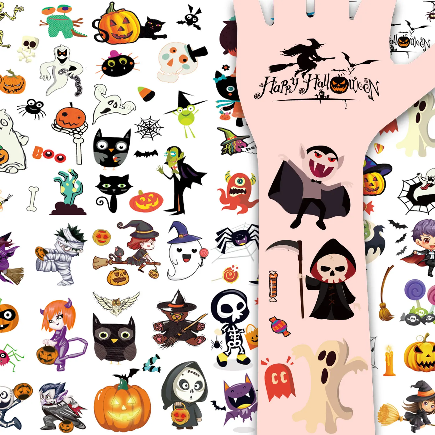 Temporary Tattoo Stickers, 10 Sheets, Halloween Cartoon Designs, Ghost, Cat, Witch, Vampire, Pumpkin, Bat, Body Art Stickers Fo