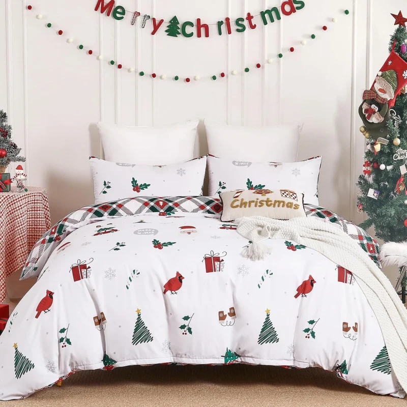 

Dopay red checkered Christmas duvet set with large printed bedding (1 duvet cover and 2 pillowcases, no duvet)