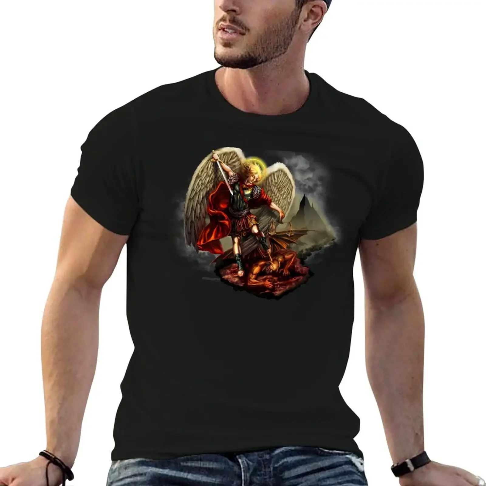 Saint Michael Archangel against the Devil T-Shirt vintage graphic tee anime tee shirts for men