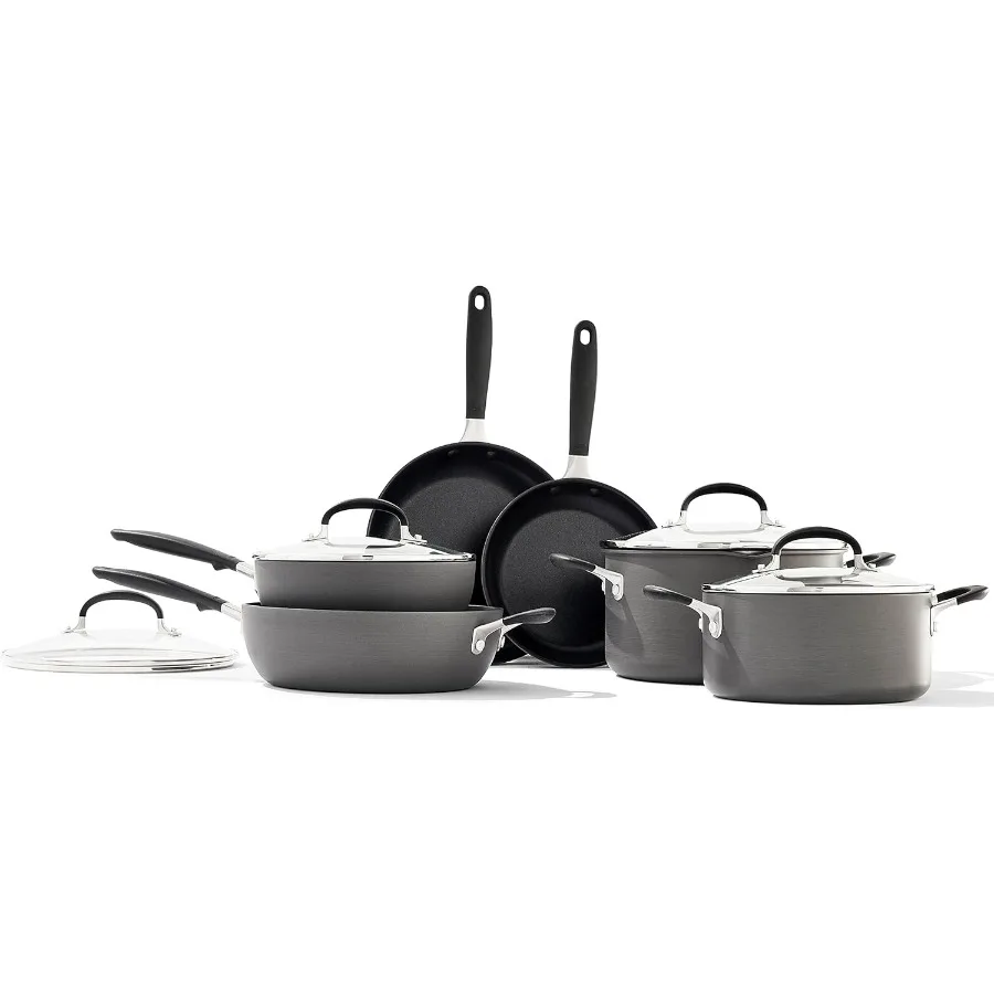 

Хорошие ручки, набор кастрюль и сковородок из 10 предметов, 3-слойное немецкое покрытие с антипригарным покрытием, ручка из нержавеющей стали с антипригарным покрытием