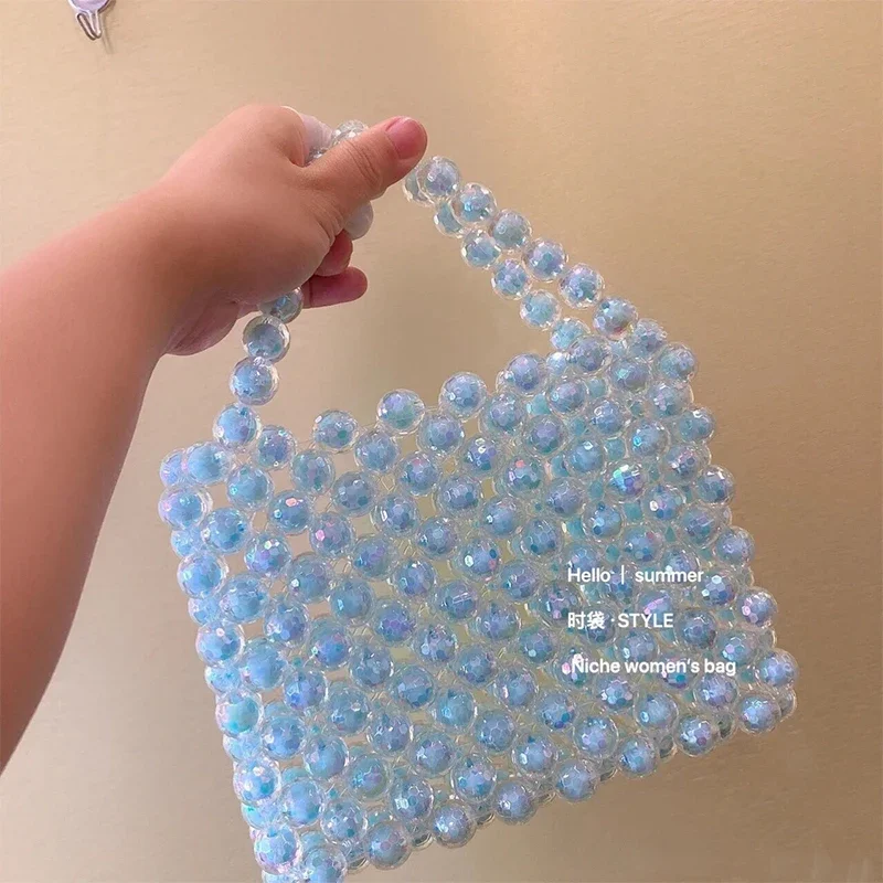 

Acrylic Handmade Acrylic Beaded Summer Handbags for Women New Fashion INS Fantasy Blue Crystal Woven Women's Bag Customization