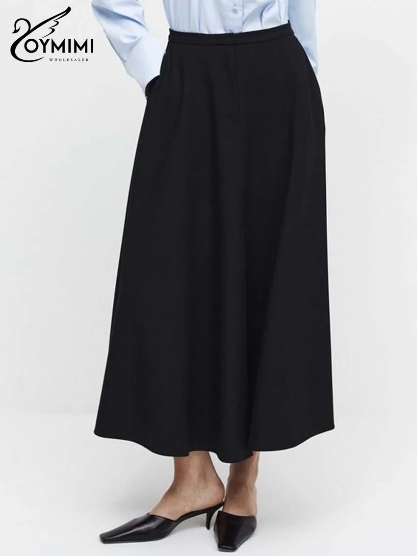 

Oymimi Elegant Black Loose Women's Skirt Fashion High Waisted Zipper Solid Skirts Casual New Pockets Mid-Calf Skirts Streetwear