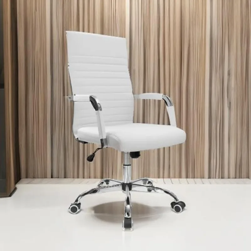 Silla de escritorio de oficina acanalada con respaldo medio, silla ejecutiva de cuero PU para tareas de conferencias, silla giratoria ajustable con brazos (blanco)