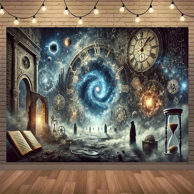 Time Travel Clock Galaxy Steampunk Hourglass Surreal Tapestry Sci Fi Wall Art Office Decor Vintage Futuristic Background Print
