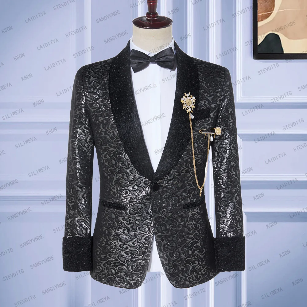 

2023 New Groom Tuxedo For Wedding Dinner Slim Fit Men Suit Silver Jacquard With Black Velvet Lapel Costume Jacket Blazer Coat