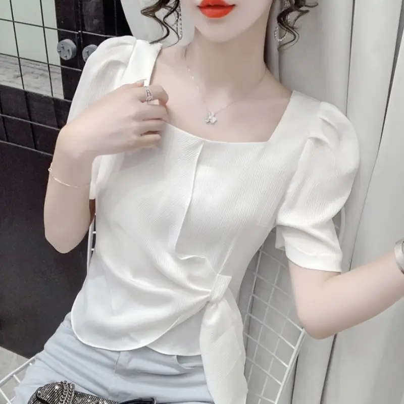 Office Lady Flattering Summer Women's Clothing Square Collar Bandage Solid Color Short Sleeved Chiffon T-shirt Elegant Tops