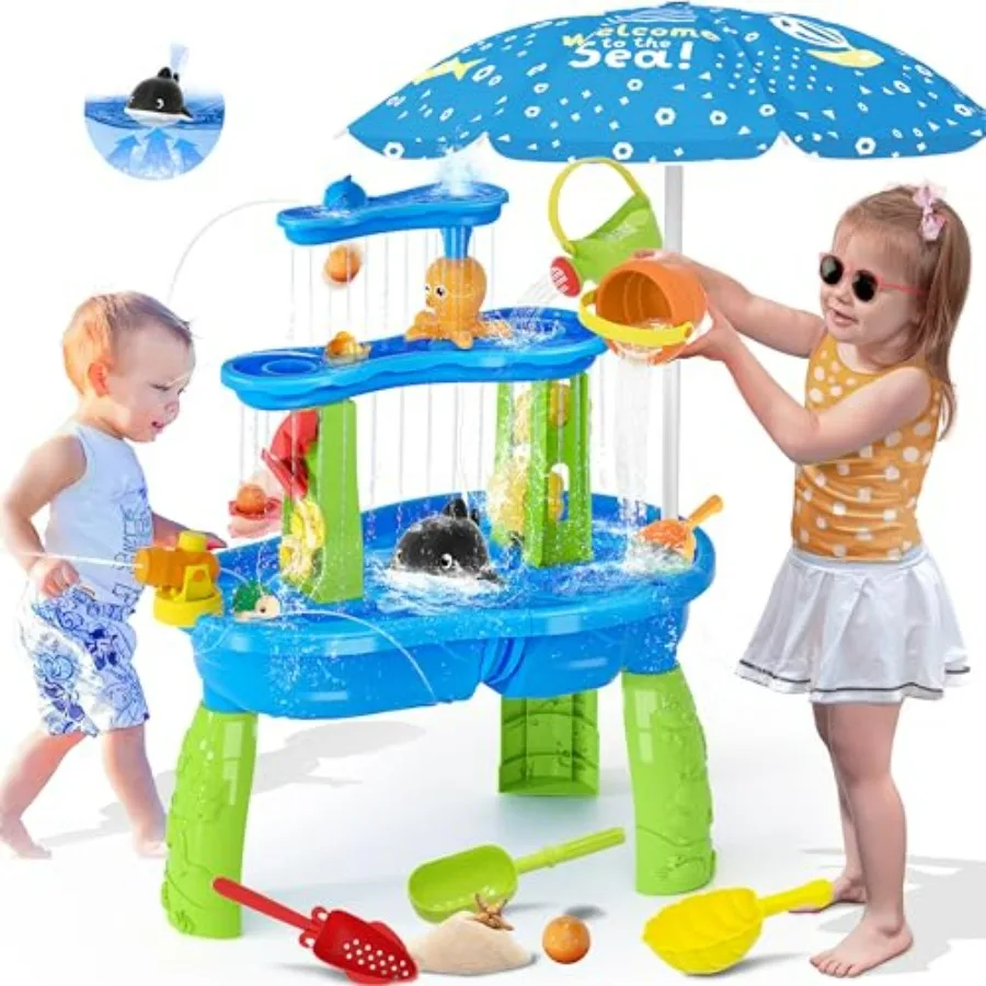 Outdoor water table for toddlers 3-5: 3-tier auto water-absorbing sensory play table with pump, umbrella, splash pond; plastic,