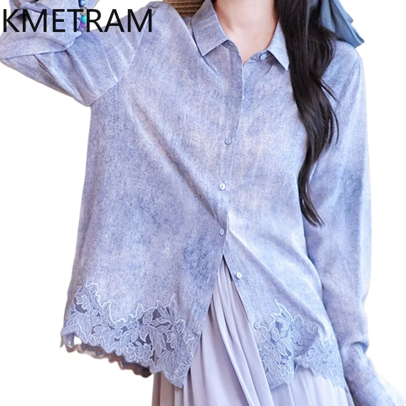 KMETRAM 100% Real Mulberry Silk Shirts for Women Elegant Lace Trim Blouse Long Sleeves Spring Summer Tops 2026 Woman Clothes 셔츠