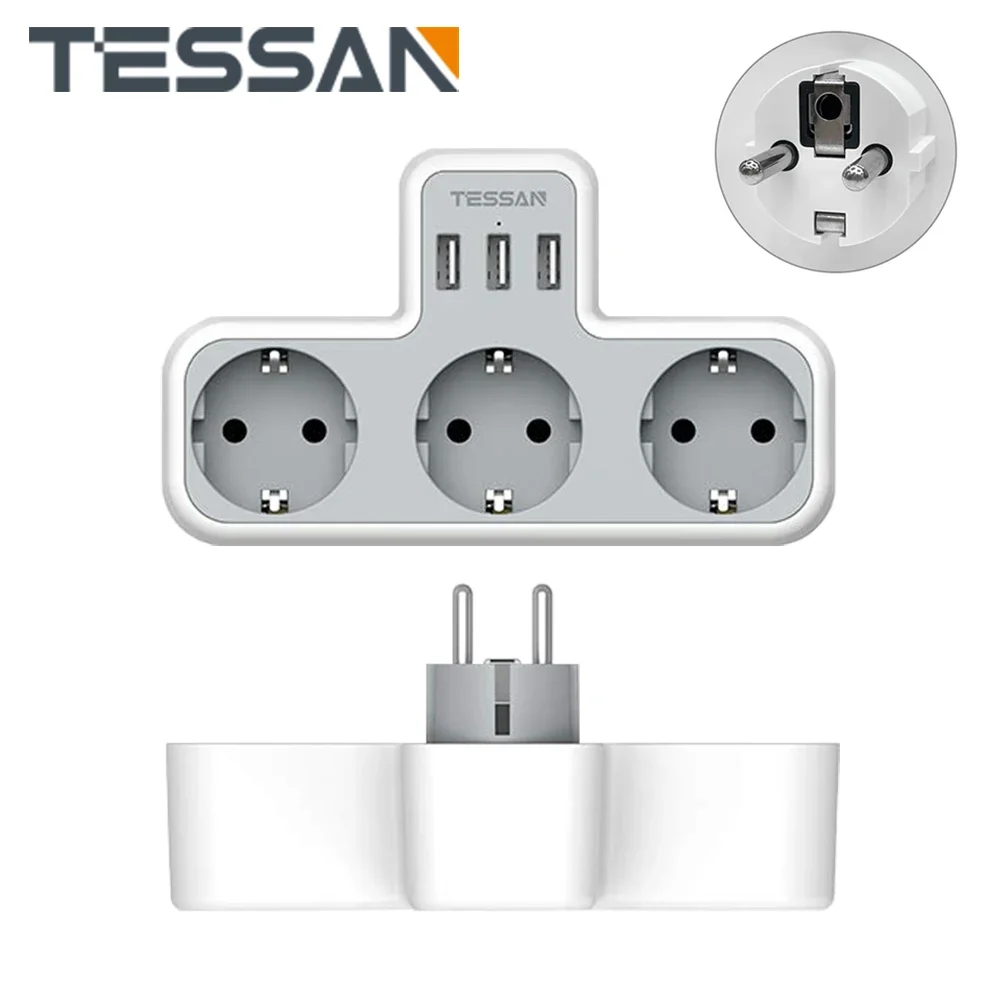 Listwa zasilająca z wtyczką TESSAN EU z 3 gniazdami AC + 3 portami ładowania USB Adapter 5 V 2,4 A Przedłużacz gniazda wtykowego 6 w 1