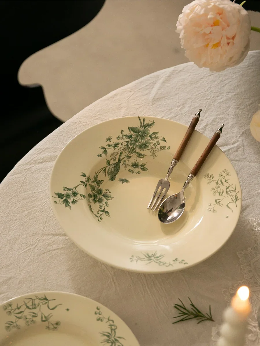 Assiette à dîner en céramique fleur et oiseau, vaisselle rétro, assiette creuse