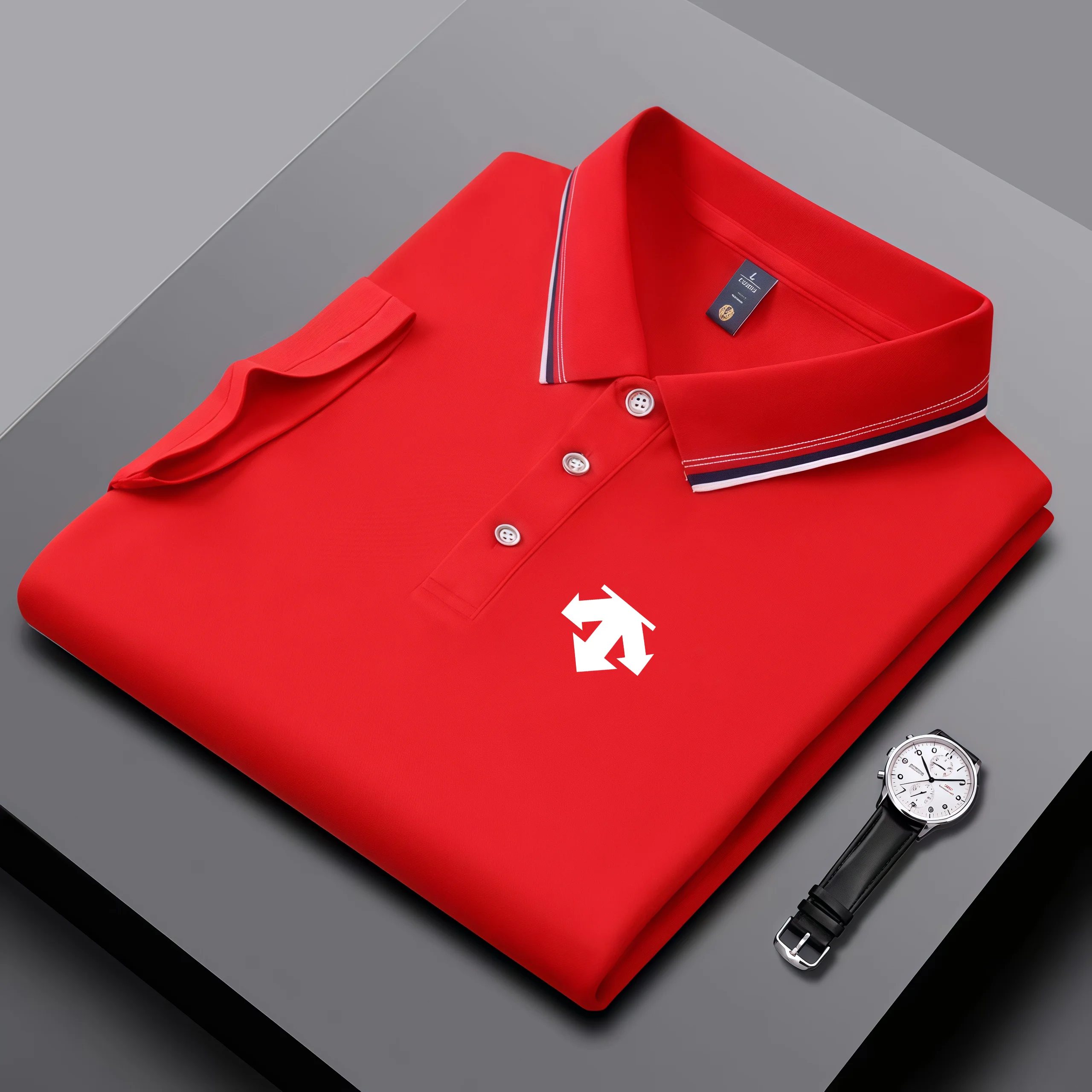 Hochwertige Glatte Stoff-Poloshirts für Herren mit Farbstreifenkragen, Klassischer Knopfleiste, Minimalistischem Pfeil-Logo für Alltag, Büro und Golf – Detail 8