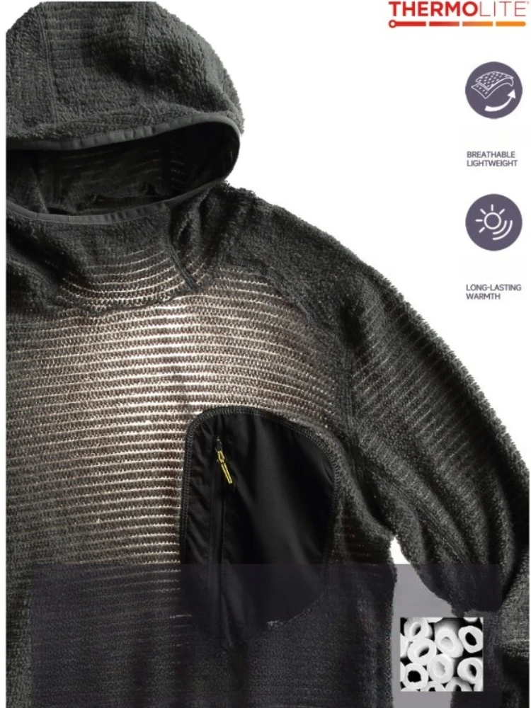 Thermolite ® Wszystkosezonowa, ultralekka, oddychająca bluza termiczna 190g, miejska odzież outdoorowa typu techwear, warstwa środkowa z otworami na kciuki i kieszenią na zamek błyskawiczny. — 2