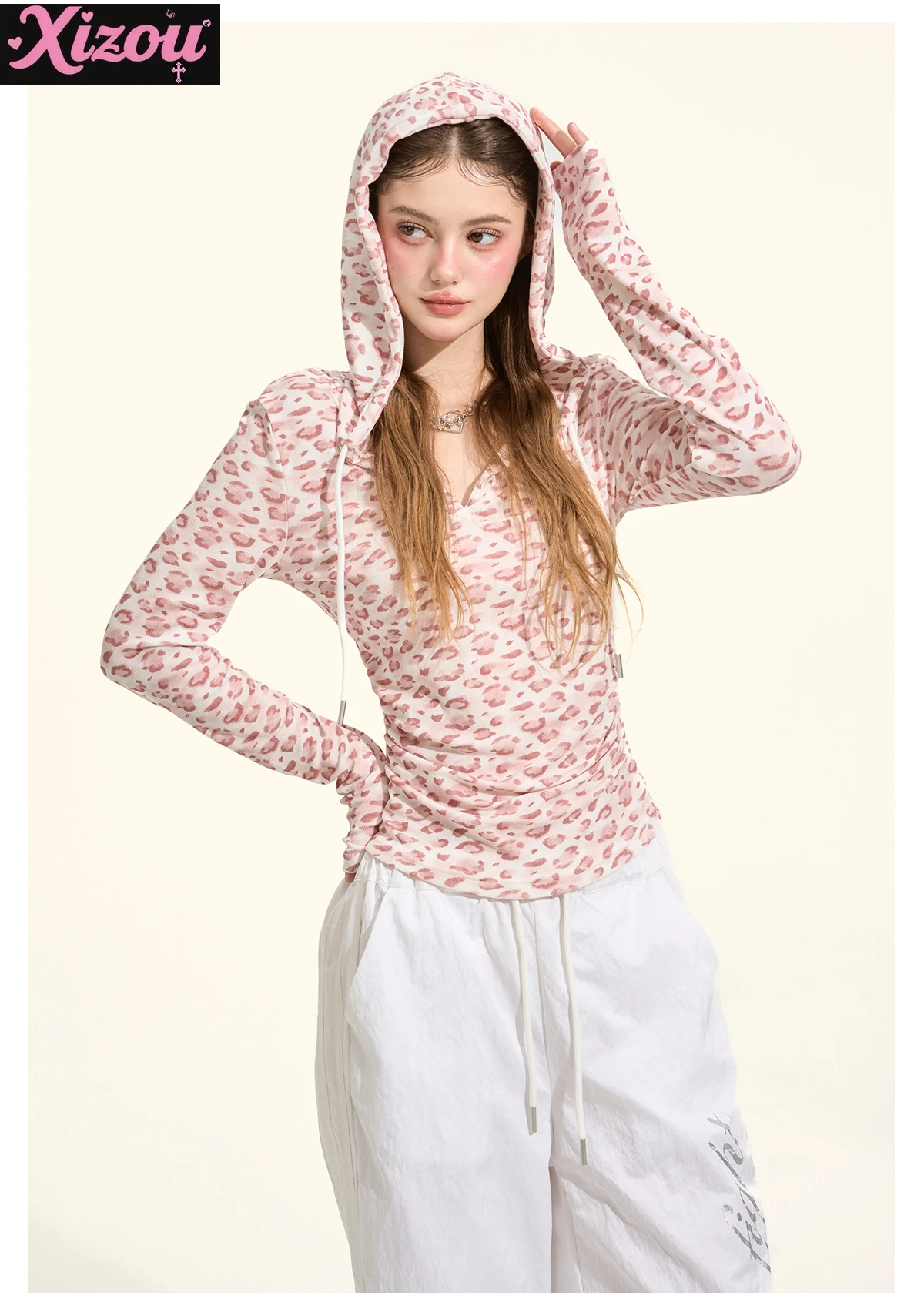 

Sweet Sister Girl Style Autumn New Knitted Pleated Waist Leopard Print Top Women's Subculture Y2k Long Sleeve Hooded T-shirt