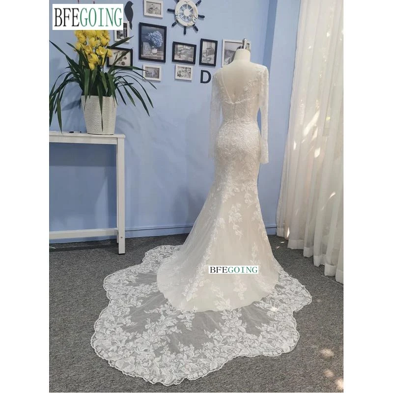 Lace Long Sleeves Mermaid/Trumpet Wedding Dresses Chapel Train Custom Made Floor-Length Appliques Bridal Gowns