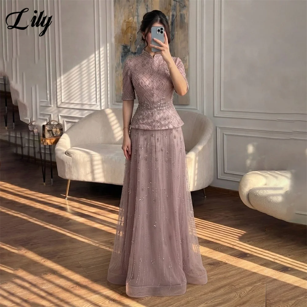 Vestido de fiesta Lily Dusty Rose, cuello alto, manga al codo, vestido formal con cuentas de diamantes, tul, corte en A, vestido de noche para boda, personalizable.