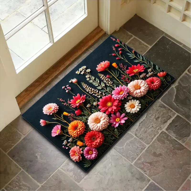 VIKAMA Sommer-Flanell-Teppich mit Blumenmuster, Foyer für den Innen- und Außenbereich, Türpolster, Heimdekoration, rutschfester Küchenteppich