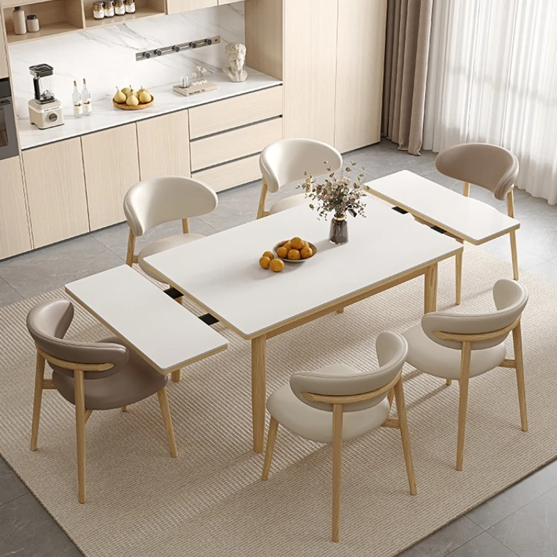 

Cream wind solid wood rock slab folding dining table household high-end small apartment 2025 new rectangular telescopic